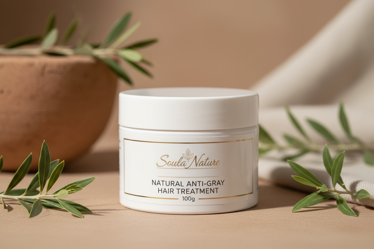 Create a high-quality realistic product photo of a natural anti-gray hair treatment in a white jar (100g) with the Soula Nature logo on it. The style should be clean, minimalist, and elegant, with a soft natural background inspired by Moroccan botanical beauty.
